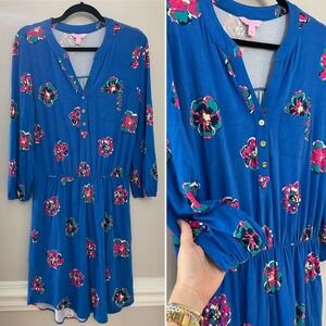 Lilly Pulitzer Blue Floral Beckett‎ Dress Size Medium Elastic Waist